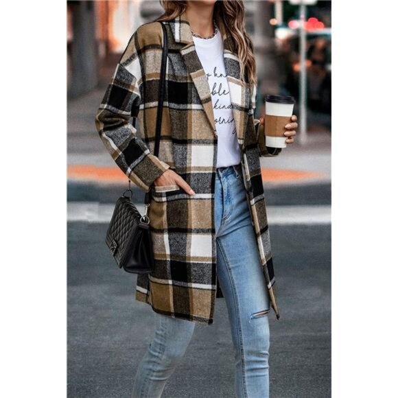 Women's 2024 Plaid Shacket Jacket Casual Button Wool Blend Winter Trench Coat - Picture 3 of 7